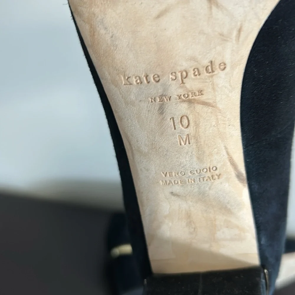Kate Spade Dolores Too Designer Black Suede Gold Block Heel Pumps Sz 10